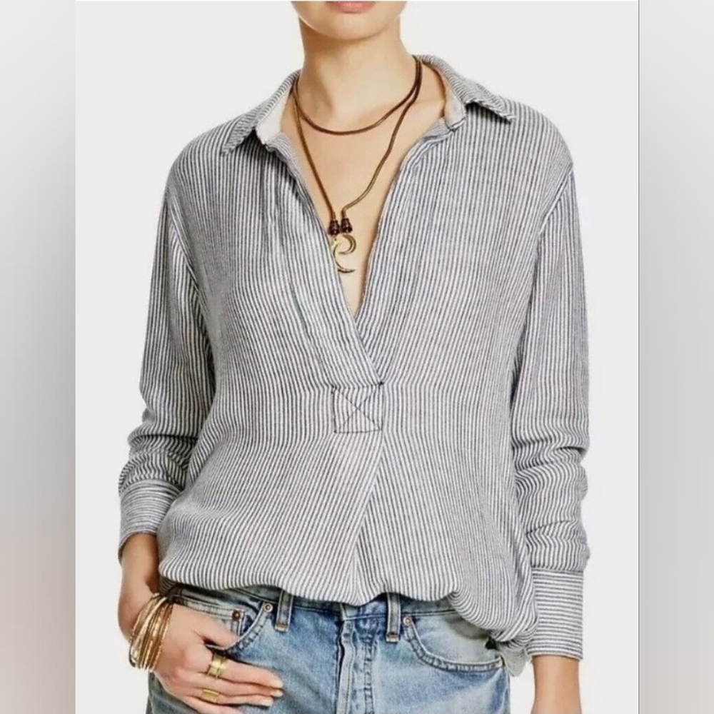 Free People White and Black Pinstripe Button Down Shirt